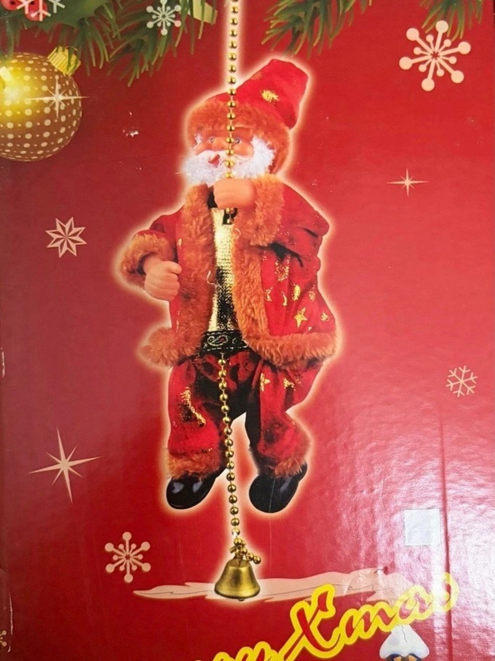 Electric Climbing Santa Claus on Gold Bead Chain Red & Green